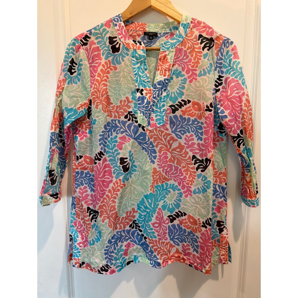 Talbots Petites Cotton Tunic Top Medium Petite Multi Color Paisley Print 3/4 Sle